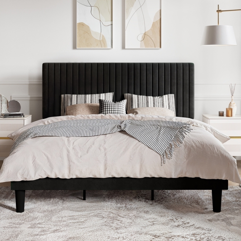 Platform Bed Vertical Channel Tufting Velvet Upholstery Tapered Legs Modern