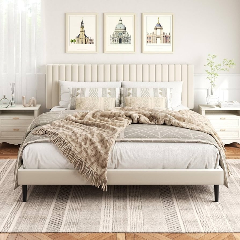 Platform Bed Vertical Channeled Headboard Tapered Black Legs Modern