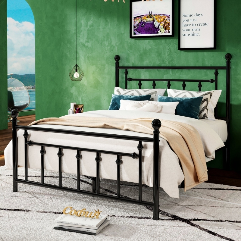 Platform Bed Victorian Vintage Black Metal Ball Finials