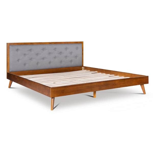 Platform Bed Walnut Brown Frame Gray Tufted Headboard Mid Century