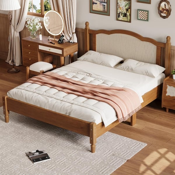 Platform Bed Walnut Brown Rattan Cane Headboard Mid Century Modern