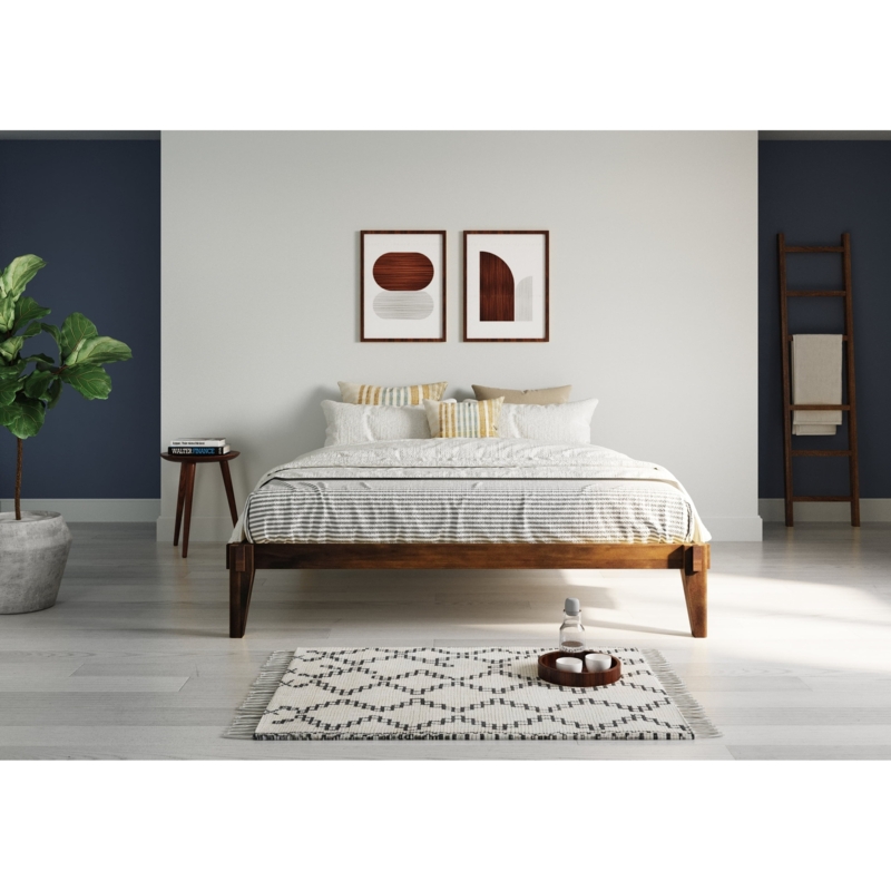 Platform Bed Walnut Finish No Headboard Tapered Legs Mid Century Modern