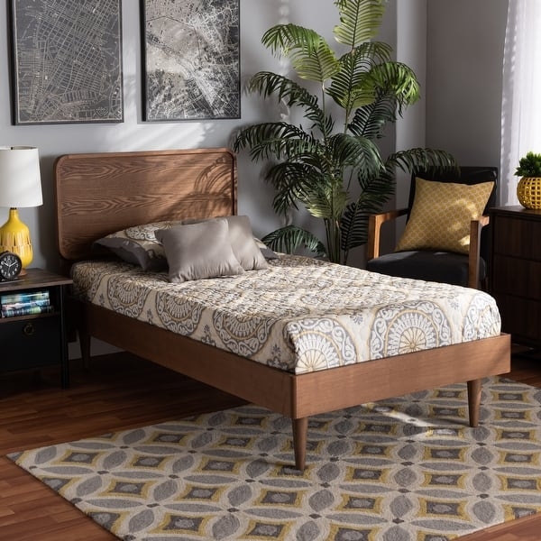 Platform Bed Walnut Finish Rounded Panel Headboard Mid-Century Modern