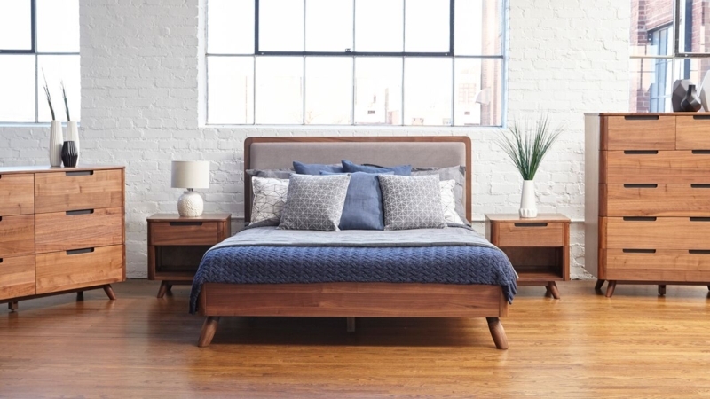 Platform Bed Walnut Toned Grey Upholstered Headboard Tapered Legs