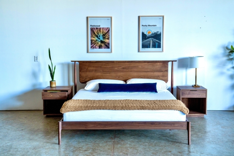 Platform Bed Walnut Toned Wide Headboard Tapered Legs Mid Century