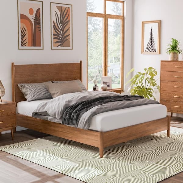 Platform Bed Walnut Toned Wood Tapered Headboard Posts Mid-Century
