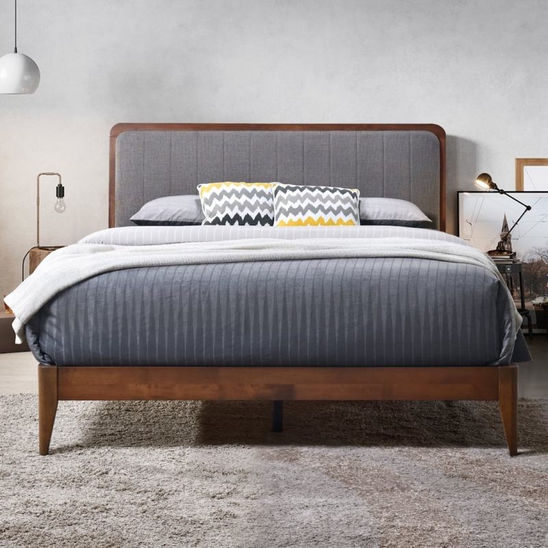 Platform Bed Walnut Wood Frame Grey Channeled Headboard Tapered Legs