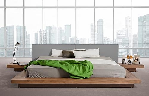 Platform Bed Walnut Wrap Around Ledge Split Grey Leatherette Headboard