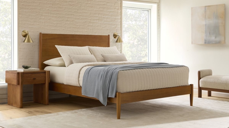 Platform Bed Warm Acorn Finish Solid Headboard Mid Century Style