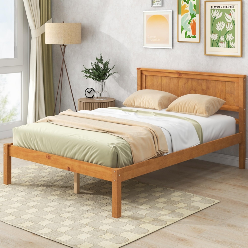 Platform Bed Warm Honey Oak Finish with Paneled Headboard Frame