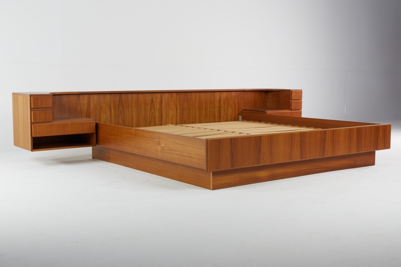 Platform Bed Warm Teak Floating Base Integrated Nightstands MCM