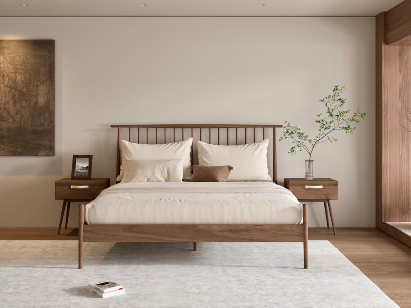 Platform Bed Warm Wood Spindle Headboard Tapered Legs Mid Century