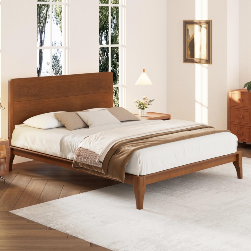 Platform Bed Warm Wood Tapered Legs Solid Headboard Minimalist Style