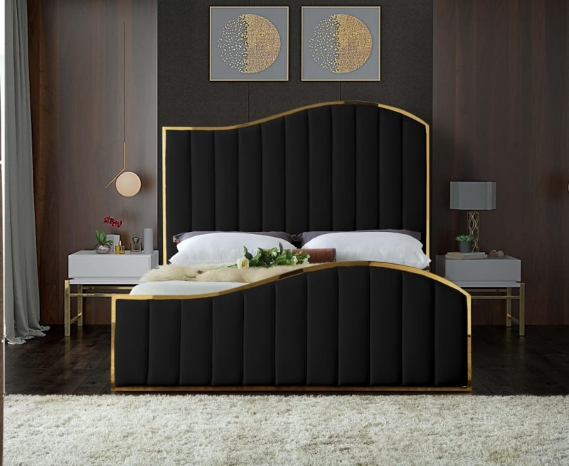 Platform Bed Wave Shaped Headboard Gold Trim Glam Velvet