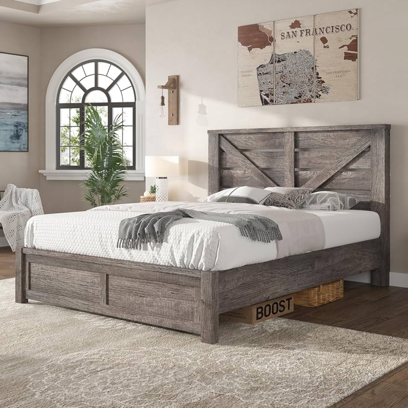 Platform Bed Weathered Gray Rustic Farmhouse Bed Frame X-Brace