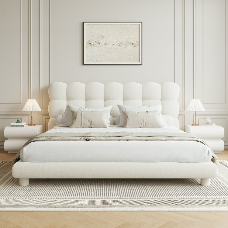 Platform Bed White Boucle Bubble Headboard King Frame