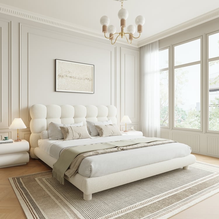 Platform Bed, White Boucle Bubble Tufted Headboard, Sculptural