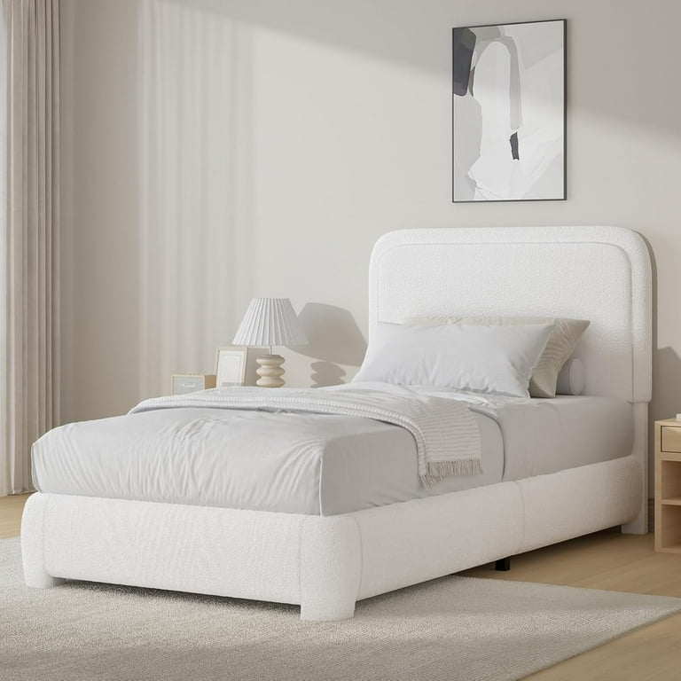 Platform Bed White Boucle Curved Headboard Modern