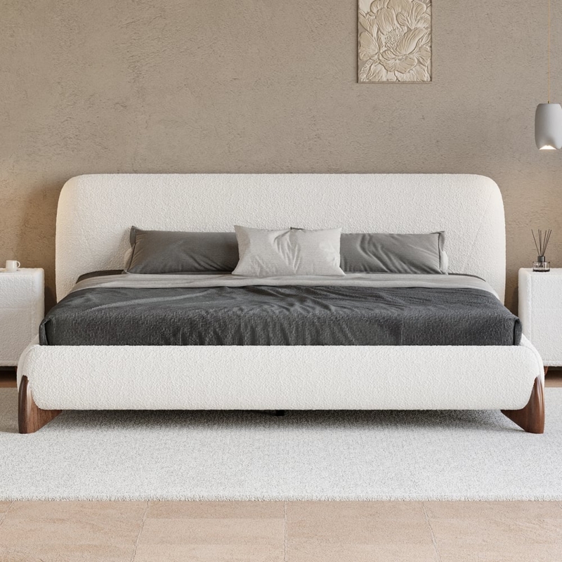 Platform Bed White Boucle Texture Curved Headboard Organic Modern Style