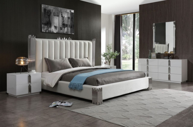 Platform Bed White Channeled Polished Stainless Steel Accents