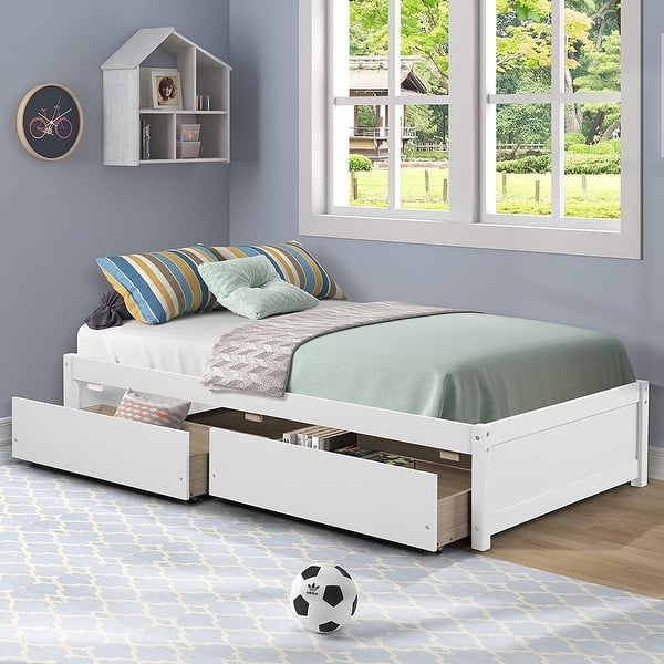 Platform Bed White Dual Storage Drawers Modern Kids Bedroom Furniture