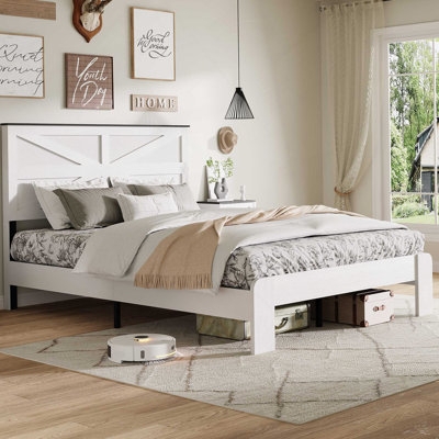 Platform Bed White Farmhouse Barn Door X-Frame Headboard