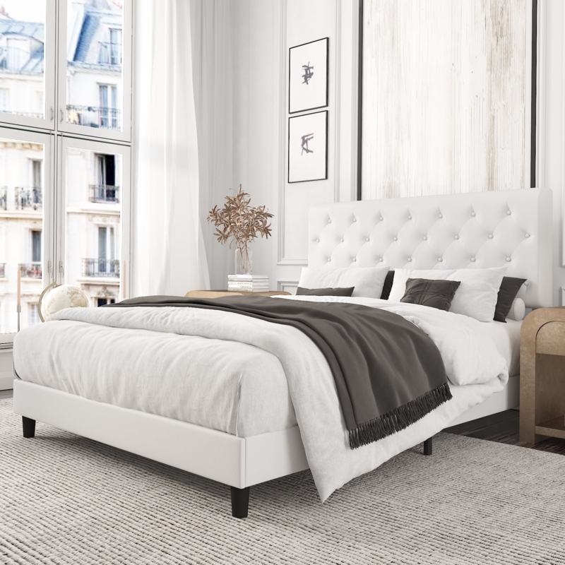 Platform Bed, White Faux Leather, Diamond Button Tufting, Tall Headboard