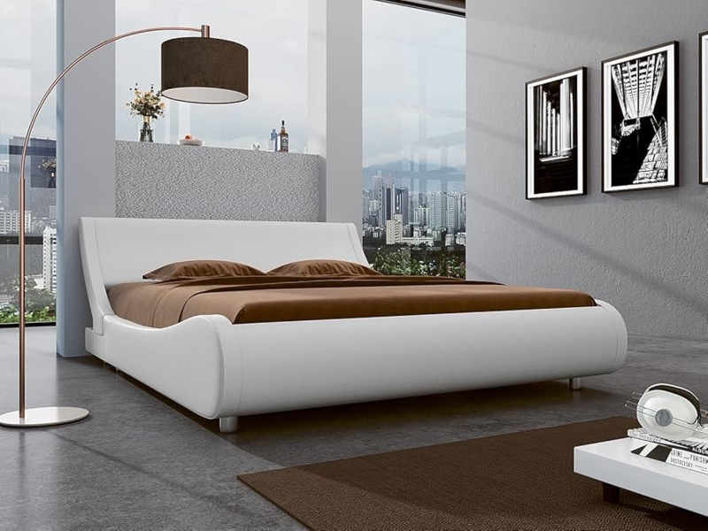 Platform Bed White Faux Leather Sleigh Silhouette Curved Headboard