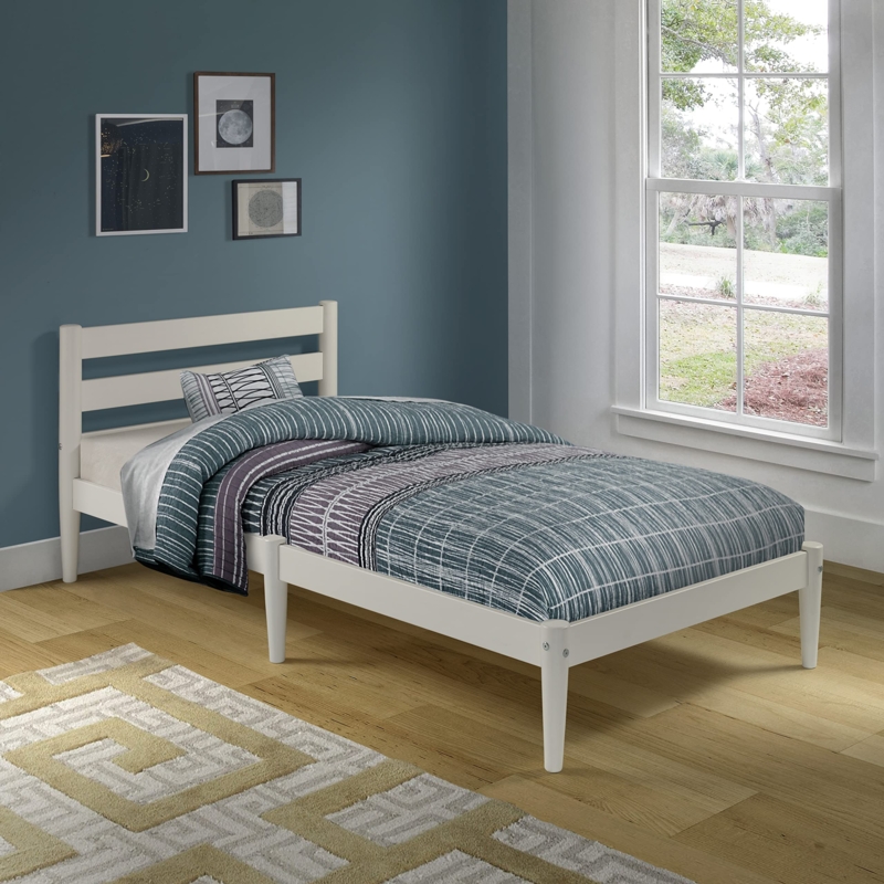 Platform Bed White Finish Slat Headboard Tapered Legs Twin