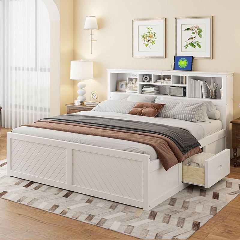 Platform Bed White King with Charging Station and Diagonal Panels