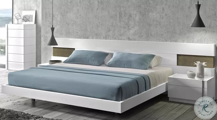 Platform Bed White Lacquer Wide Panel Headboard Slate Accents Modern