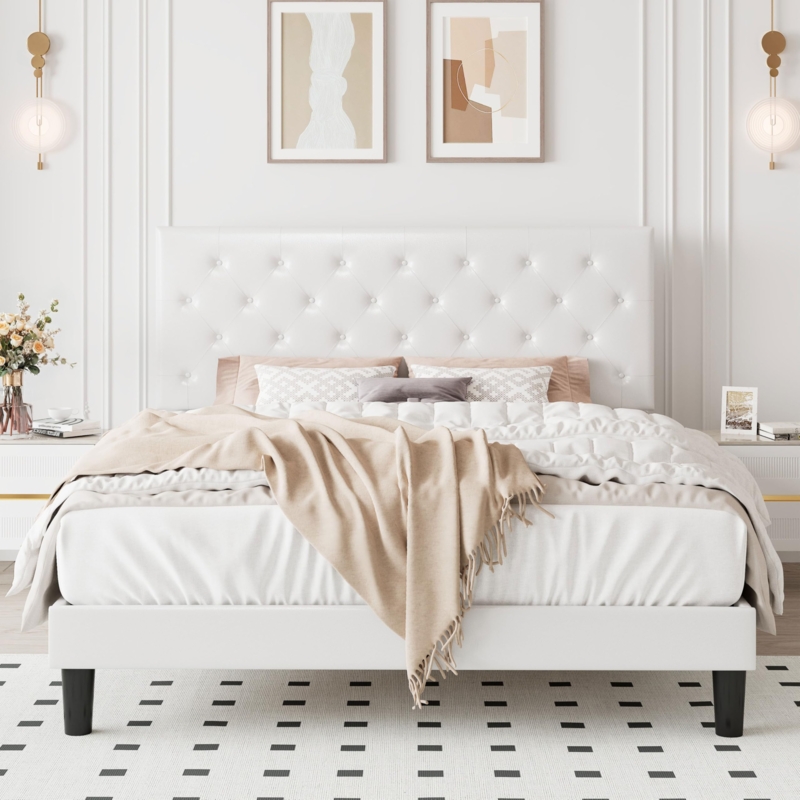 Platform Bed, White Leather-Like Diamond Tufted Headboard