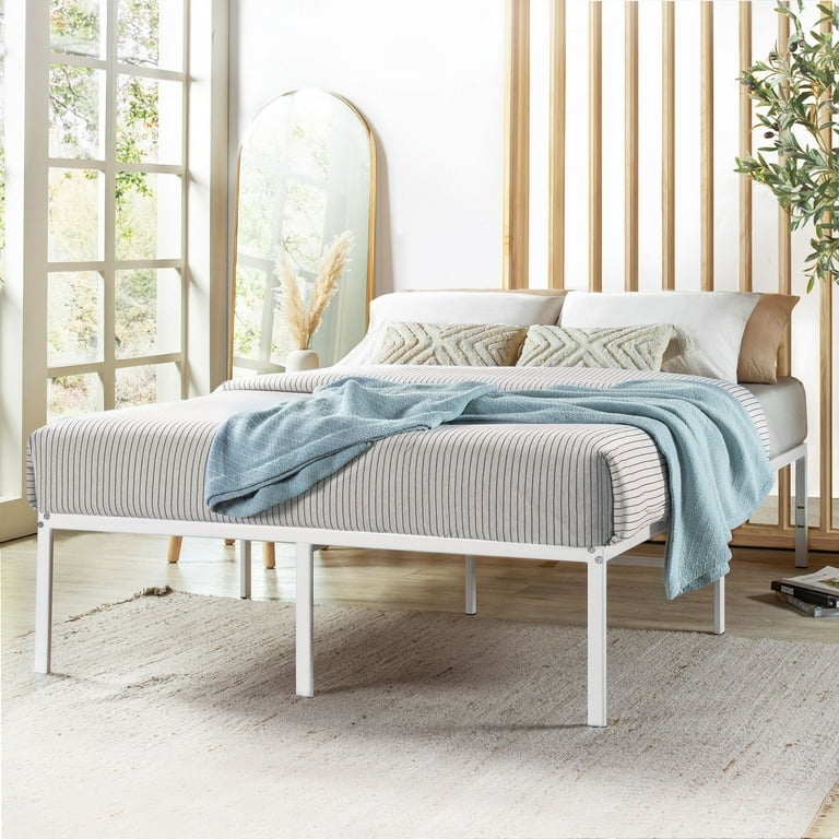 Platform Bed White Metal High Clearance Minimalist Frame Slatted Base
