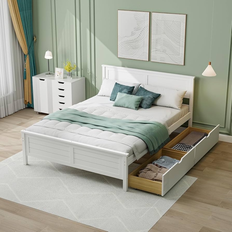 Platform Bed White Painted Finish with Under Bed Storage Drawers