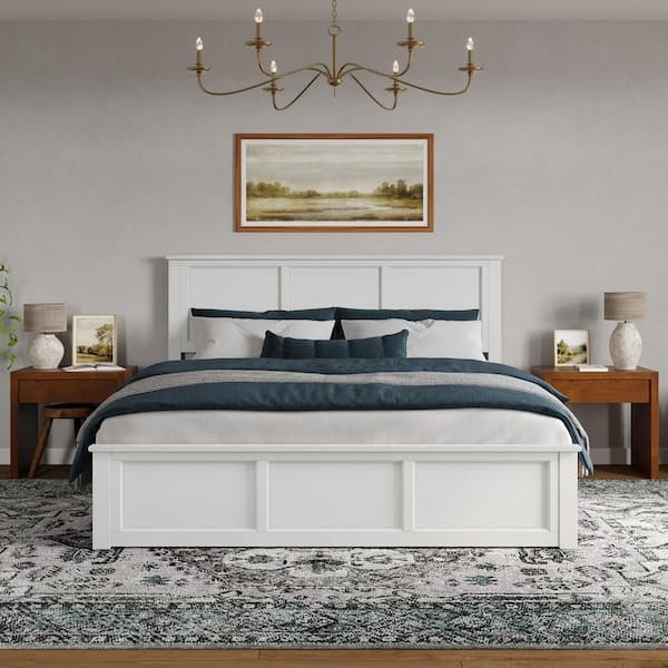 Platform Bed White Painted Wood Paneled Headboard With Footboard