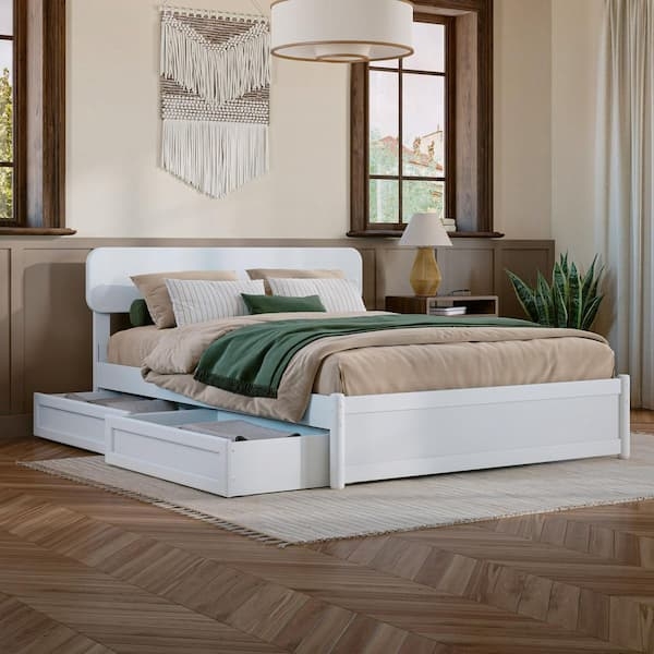 Platform Bed White Storage Bed Frame Curved Headboard Drawers