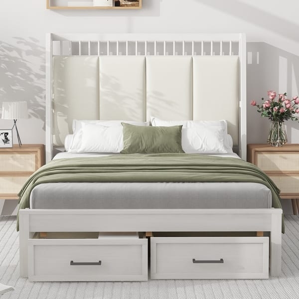 Platform Bed White Tall Upholstered Headboard with Footboard Storage