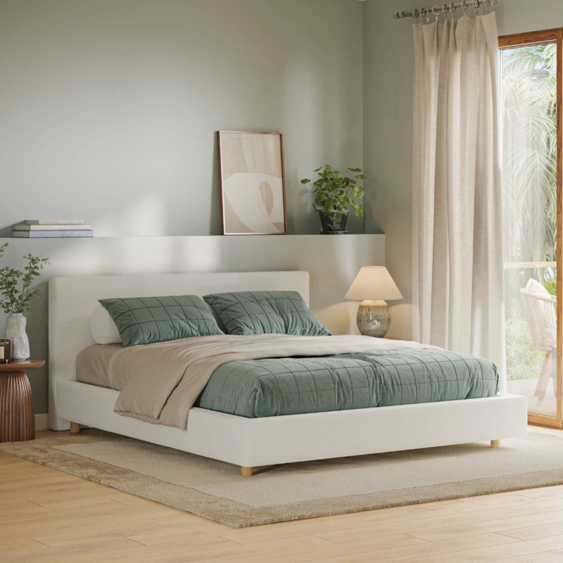 Platform Bed White Upholstered Low Profile Cloud Bed Organic Modern