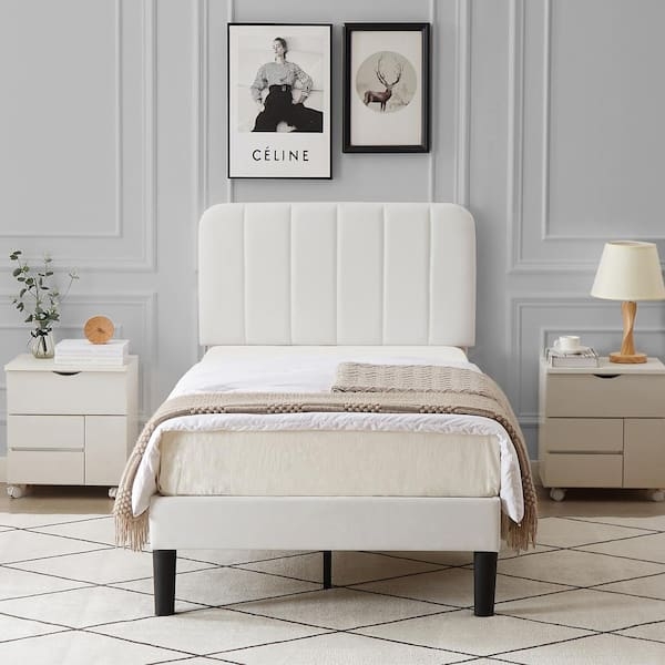Platform Bed White Upholstered Twin Channeled Headboard Minimalist