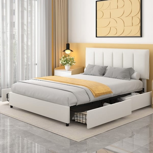 Platform Bed, White Upholstered with Channeled Headboard and 4 Drawers