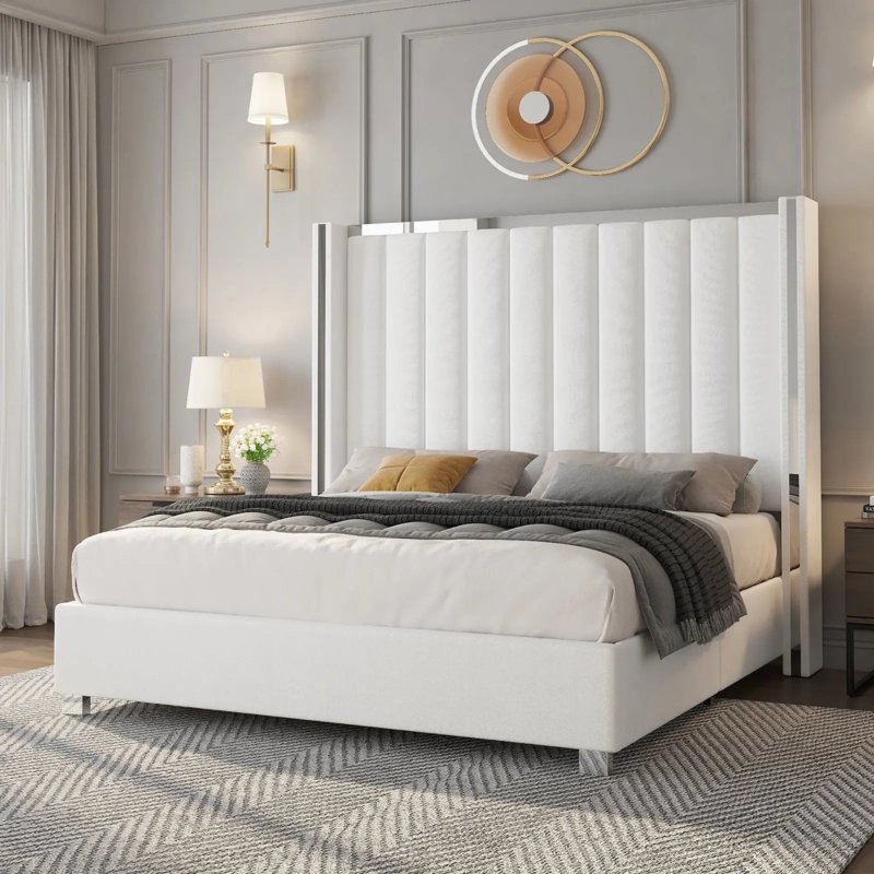 Platform Bed, White Velvet, Tall Wingback Headboard, Vertical Channeling