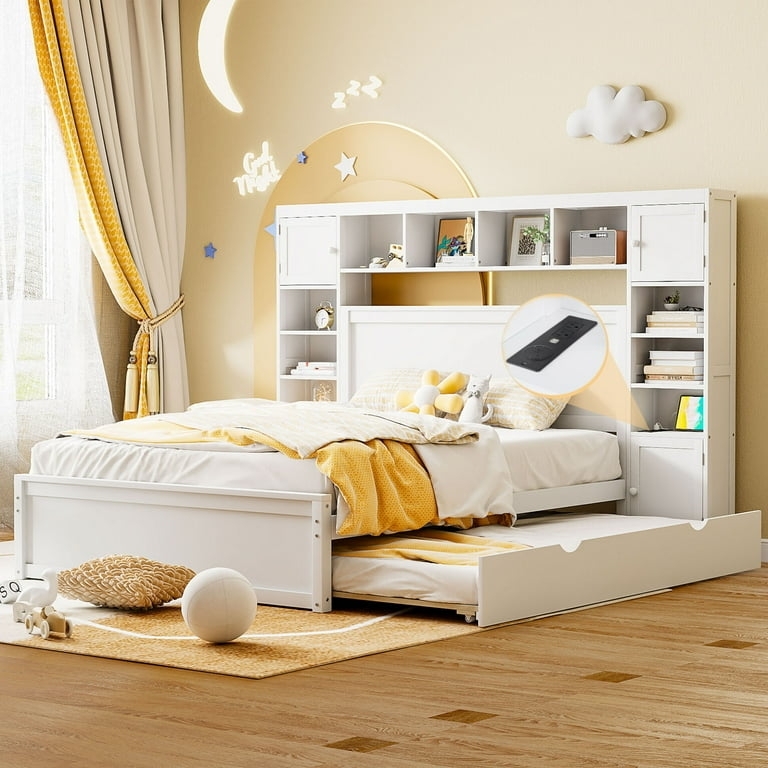 Platform Bed White with Pull Out Trundle and Integrated Charging
