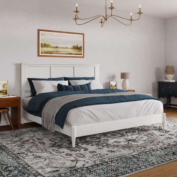 Platform Bed White Wood Paneled Headboard Transitional Bedroom Decor