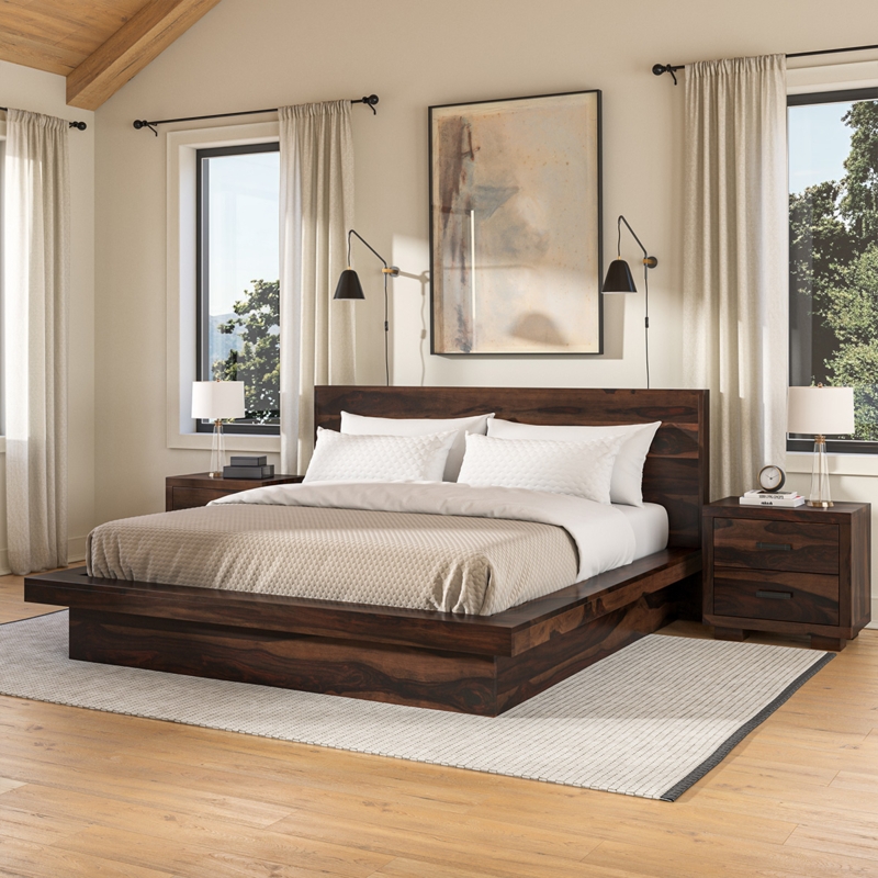 Platform Bed Wide Base Dark Wood Grain Finish Minimalist Low Profile