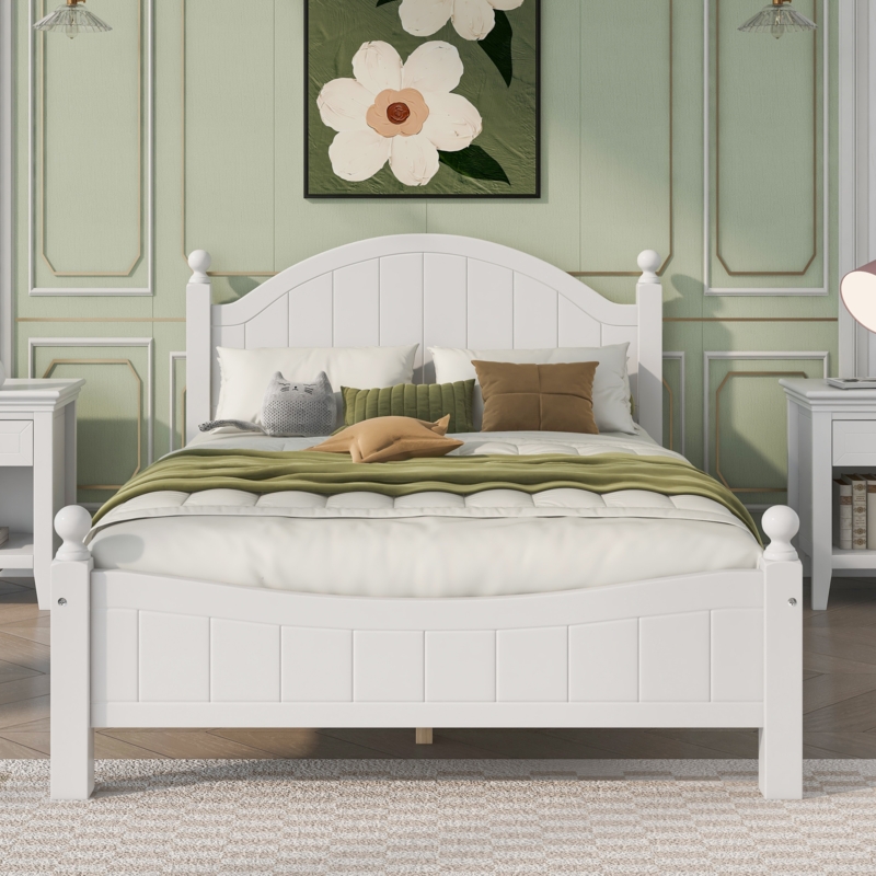 Platform Bed with Ball Finials, Arched Slatted Headboard Queen