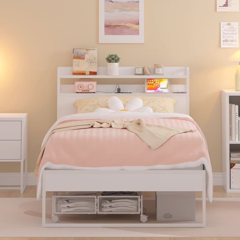 Platform Bed with Charging Station Headboard and Two Tier Shelf Storage.