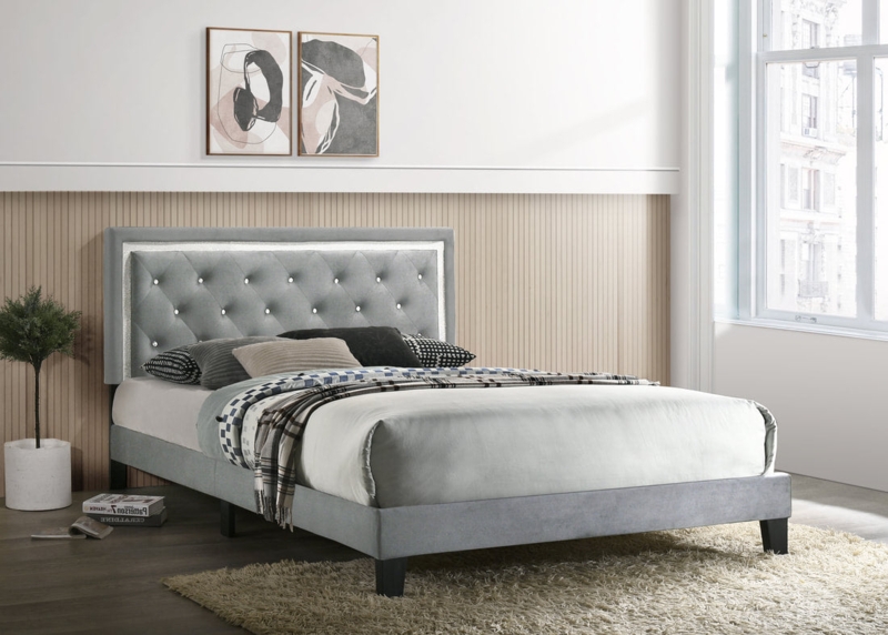 Platform Bed with Crystal Tufted Headboard and Silver Trim