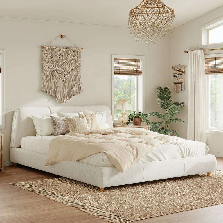 Platform Bed with Curved Headboard and Tapered Wood Legs