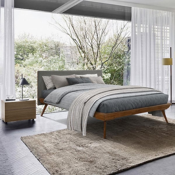 Platform Bed with Dark Gray Upholstered Headboard and Wood Tapered Legs