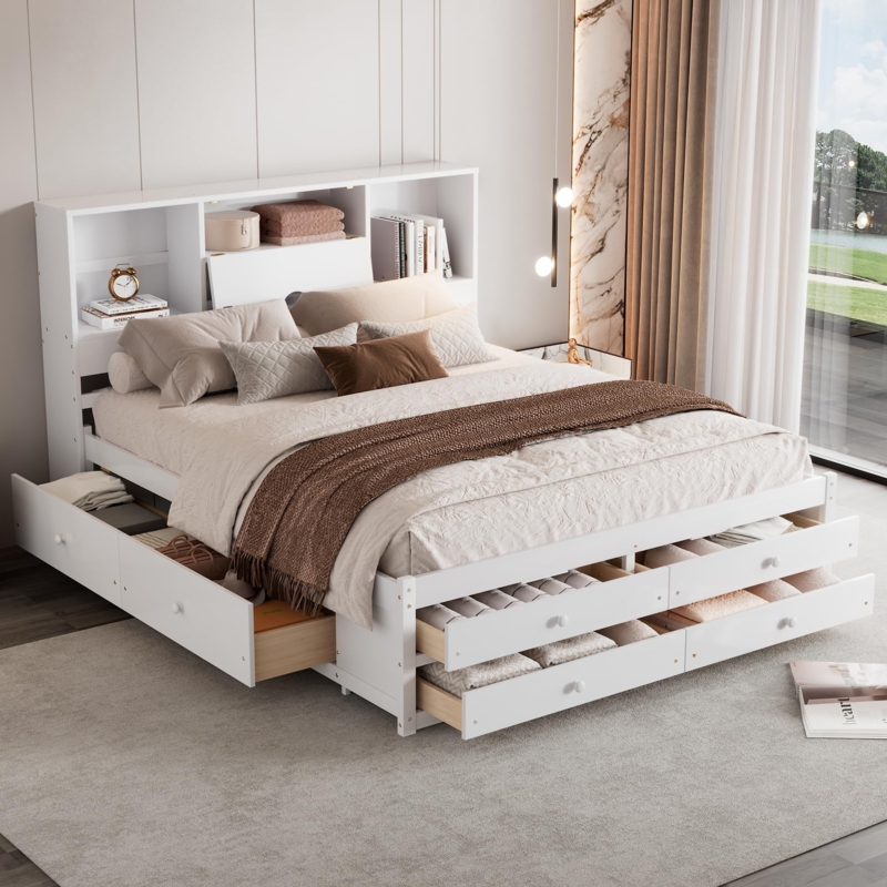 Platform Bed with Eight Storage Drawers and Sliding Door Headboard